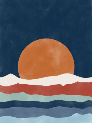 Large Orange Sun Setting Over Stylized Waves