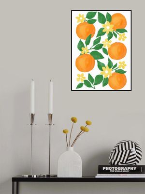 Oranges with Green Leaves and Delicate Yellow Flowers