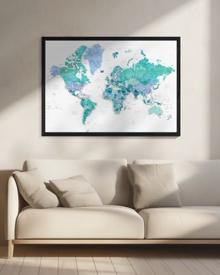 Detailed world map with cities, Caribbean waters