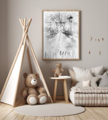 Monochrome Art NYC Brooklyn Bridge | watercolor