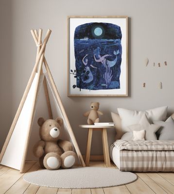 Mermaid Moon- Whimsical Coastal Folk Art