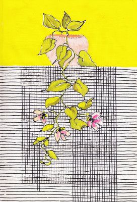 Mid century modern hanging plant in front of lines