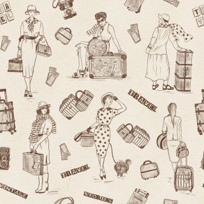 Vintage Ladies Traveling - Vintage Travel Stories - Brown - Pattern