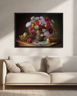 Still life with a bouquet of flowers and apples