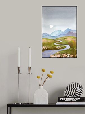 Blue Gray Hills Mountain Landscape With River and Moon