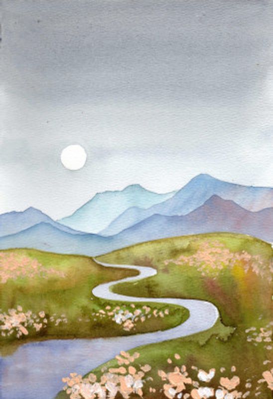 Blue Gray Hills Mountain Landscape With River and Moon