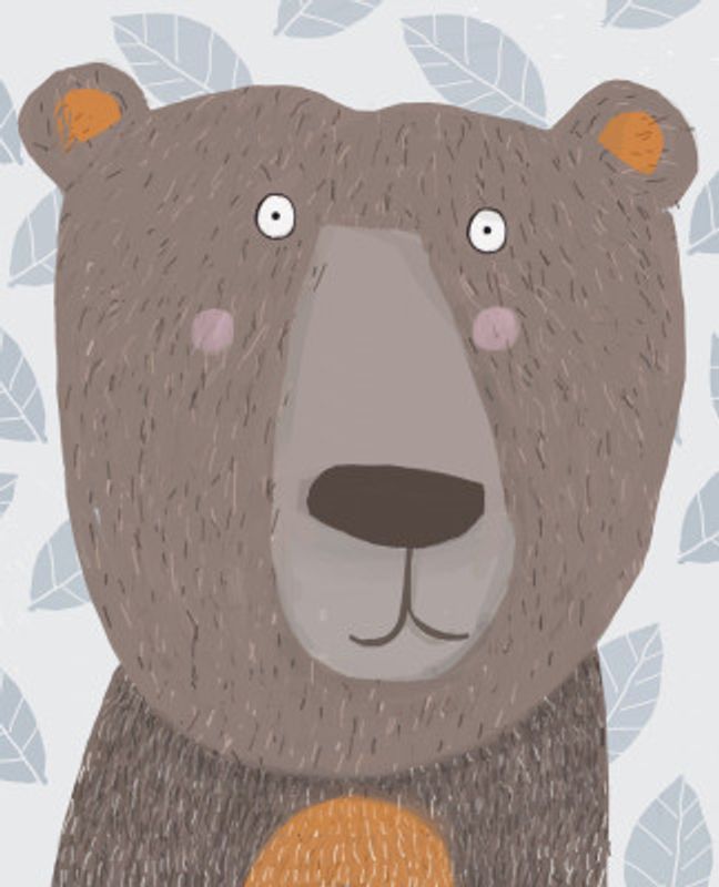 Cute Brown Bear with Grey Leaf Pattern by Artist Carla