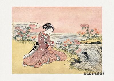 Japanese Woman Picking Chrysanthemum (1725 1770) Vintage Woodblock Print