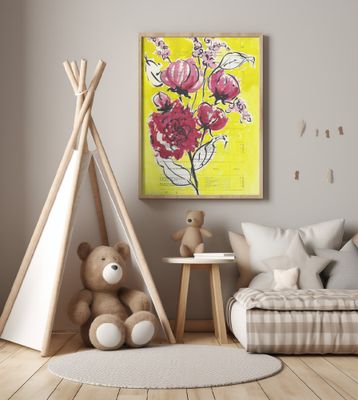 Painted sketch of a rose branch on a yellow background