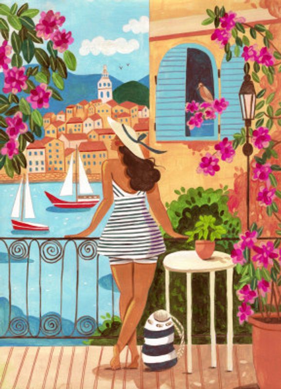Travel poster woman in Saint-Tropez, France