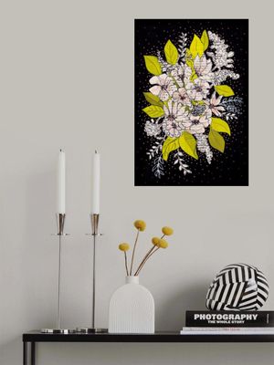 Expressive bouquet of flowers with black background gouache painting