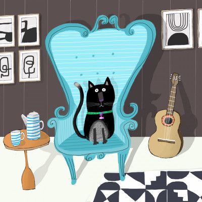 Cute Black Cat sitting on Blue Armchair by Artist Carla Daly