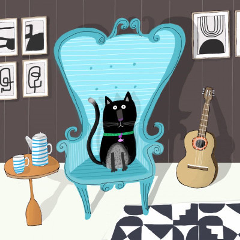 Cute Black Cat sitting on Blue Armchair by Artist Carla Daly