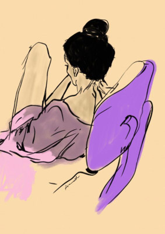 Reclining Woman Draped in Fluid Purple and Pink Tones
