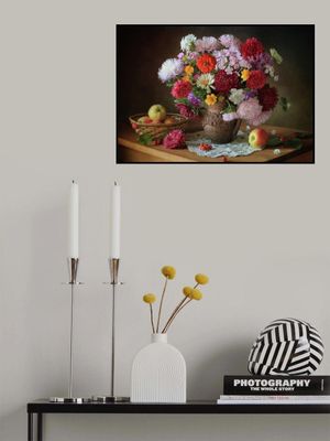 Still life with a bouquet of flowers and apples