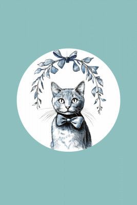Winter Scenes: Holiday Cat With Blue Bow With Teal Green Background 1 1