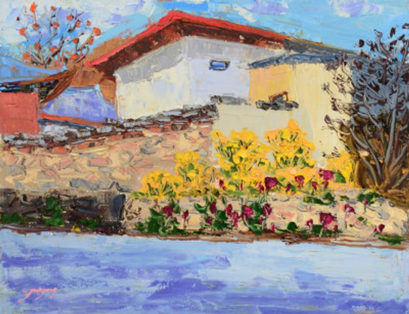 Chrysanthemums Blooming Under the Wall