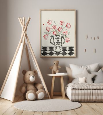 Red Tulips In a Vase with Checkered Diamonds