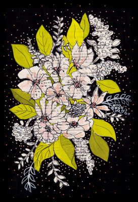 Expressive bouquet of flowers with black background gouache painting