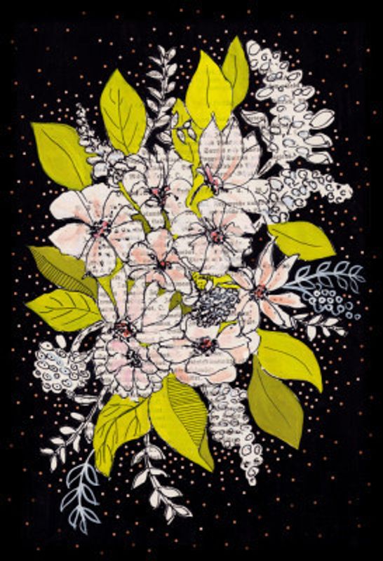 Expressive bouquet of flowers with black background gouache painting