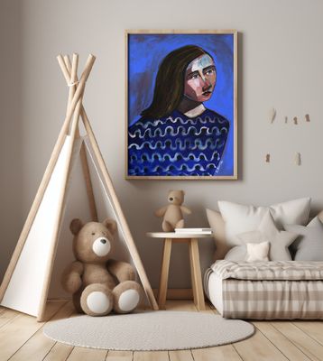 Woman in Blue Sweater Naive Portrait Figurative