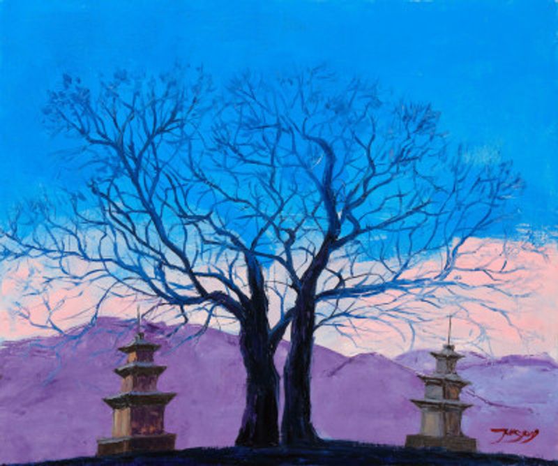 Threestory stone pagoda at Gamsansa Temple Site in Gyeongju Korea