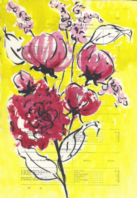 Painted sketch of a rose branch on a yellow background