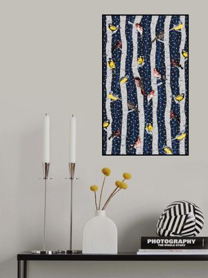 Birds in snowy birchwood on navy blue pattern