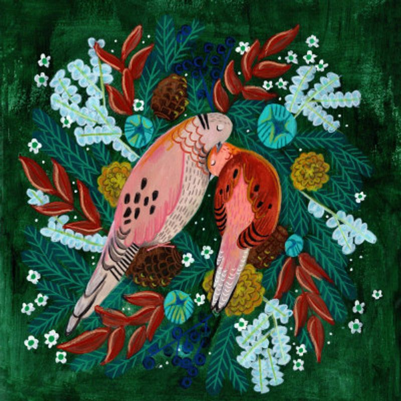 Winter birds turtle dove in green Christmas