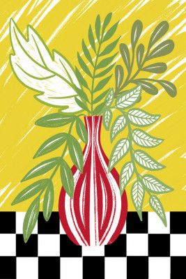 Red Vase With Green Leaves