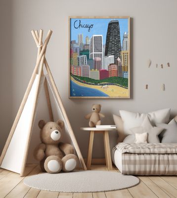 Chicago City with Beachfront on Lake Michigan by Artist Carla Daly