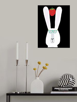 Cute White Rabbit with Strawberry by Artist Carla Daly