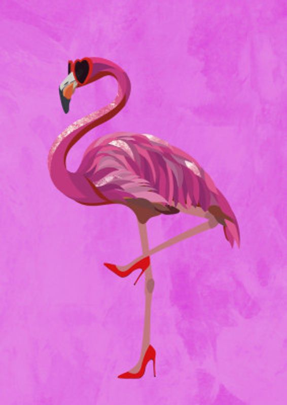 Flamingo in heels and heart glasses pink