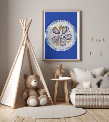 Oysters and Lemon on Blue Plate