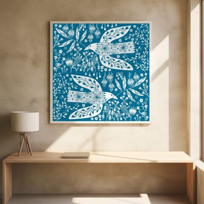 Peace Doves And Flowers White On Teal Green