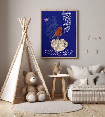 Red Bird Perched on a Striped Teapot