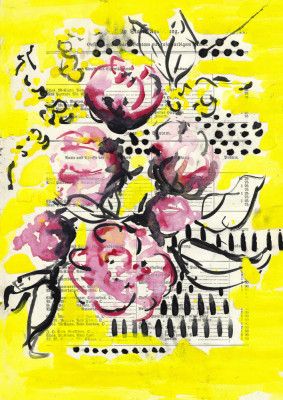Painted sketch of a rose on yellow background