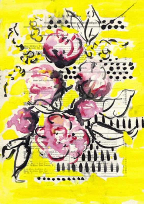 Painted sketch of a rose on yellow background