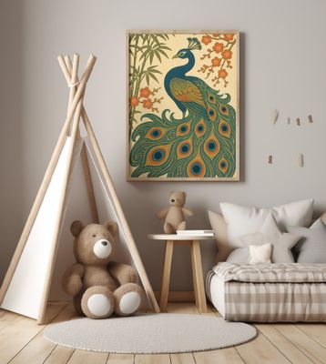 Ukiyo E Style Japanese Peacock With Bamboo and Blossom