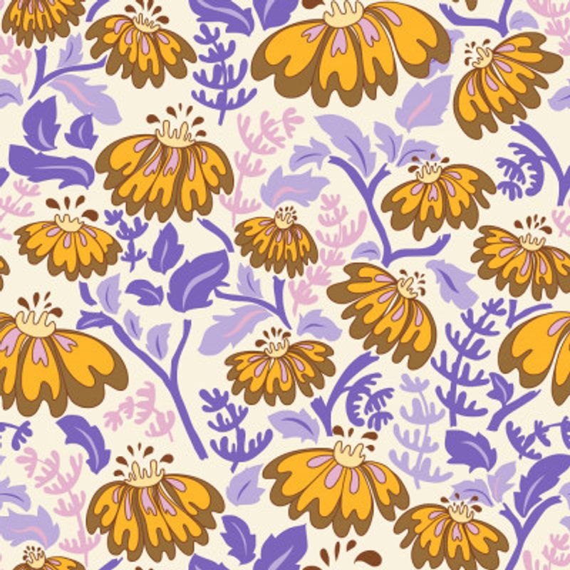 Maximalism 70s Retro Flowers burnt brown and lilac pattern