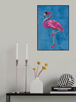 Flamingo in heels and heart glasses blue
