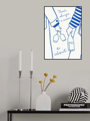 Woman holding wine bottle and wine glass (Blue) - Wine Vin Femme Bleu