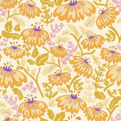 Maximalism 70s Retro Flowers Buttercup yellow and lilac pattern