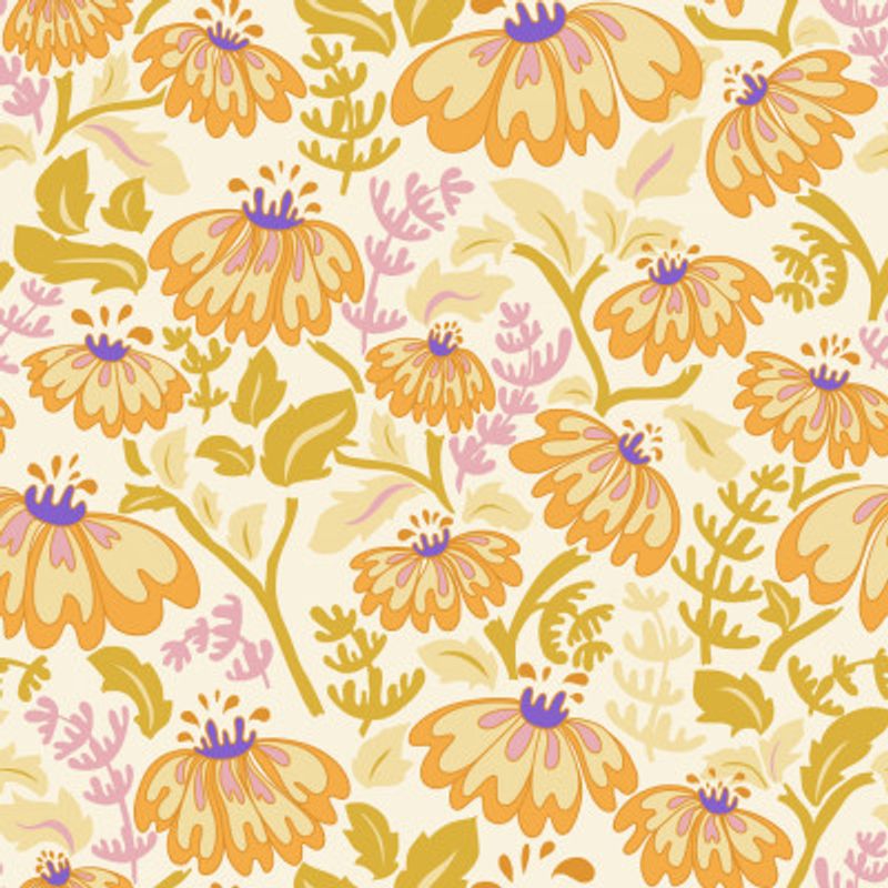 Maximalism 70s Retro Flowers Buttercup yellow and lilac pattern