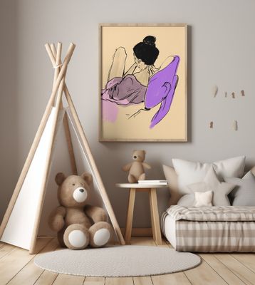 Reclining Woman Draped in Fluid Purple and Pink Tones