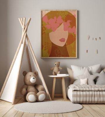 Feminine Portrait with Floral Hair in Ochre and Pink