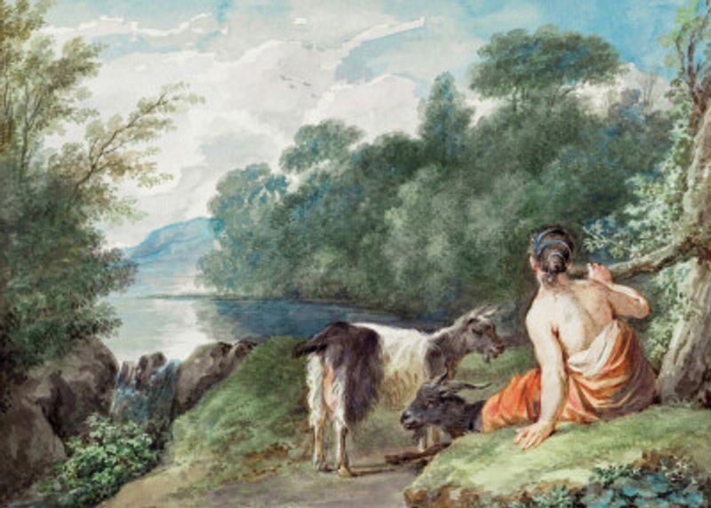 Shepherdess With Goats In a Landscape With a Lake