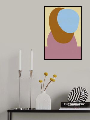 Abstract pastel shapes in lilac, burnt orange and light blue.