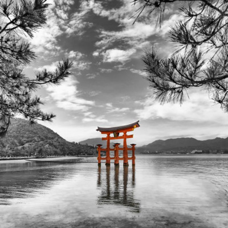 Vermilion torii of the Itsukushima Shrine on Miyajima - colorkey