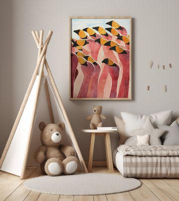 Group of Pink Flamingos With Heads Up